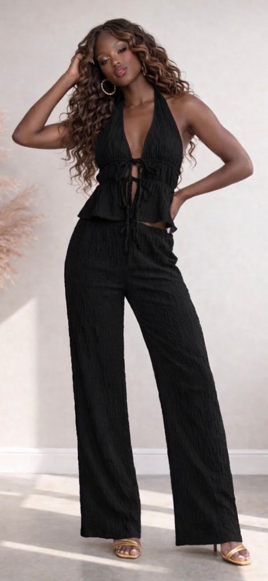 HALTER SHIRRING TOP & PANTS SET