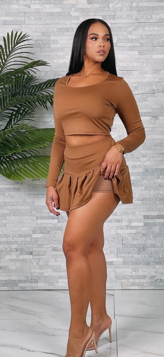 FAUX LEATHER RUCHED TOP & MIDI SKIRT SET