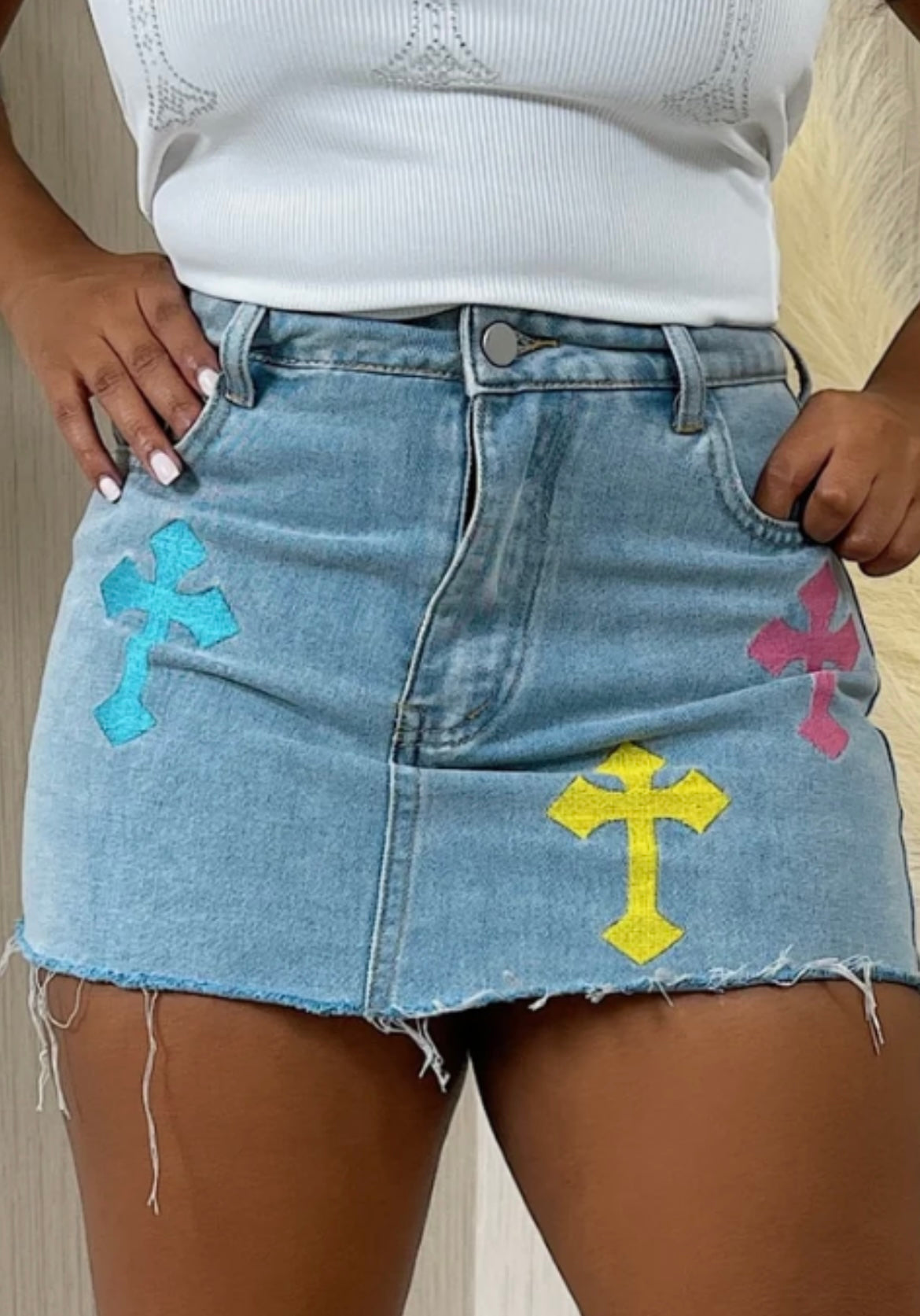 CROSS EMBROIDERY MINI DENIM SKIRT