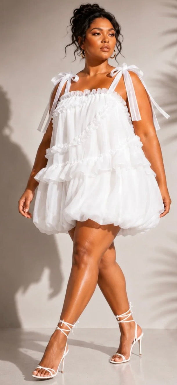 TIE STRAP RUFFLE BUBBLE DRESS