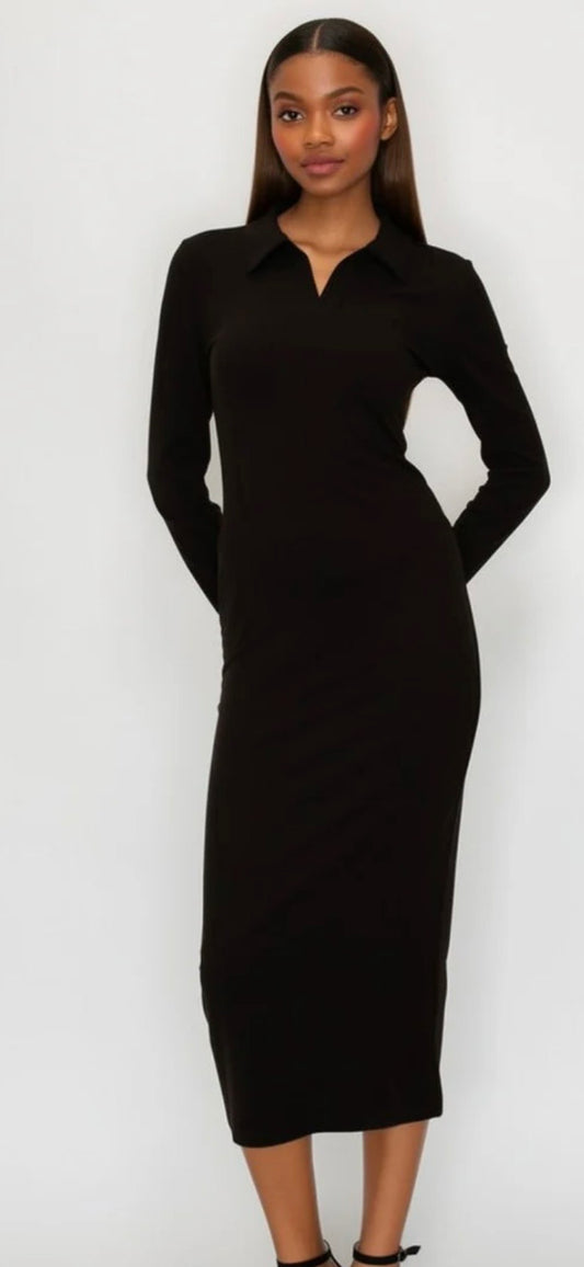 COLLARED MIDI LS DRESS