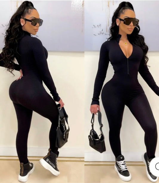 SEAMLESS RIBBED ZIPPER FITTED JUMPSUIT