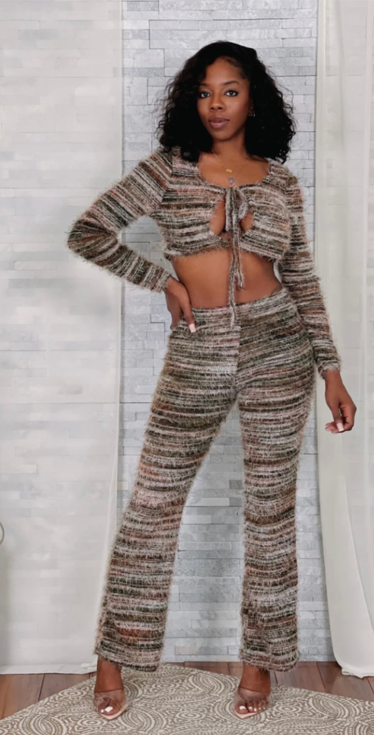 PRINTED FUZZY LS TOP & PANTS SET