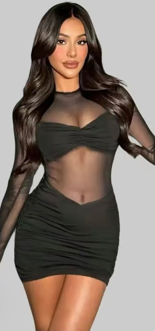 Floerns Women's Long Sleeve Mock Neck Party Dress Sheer Mesh Bodycon Mini Dresses