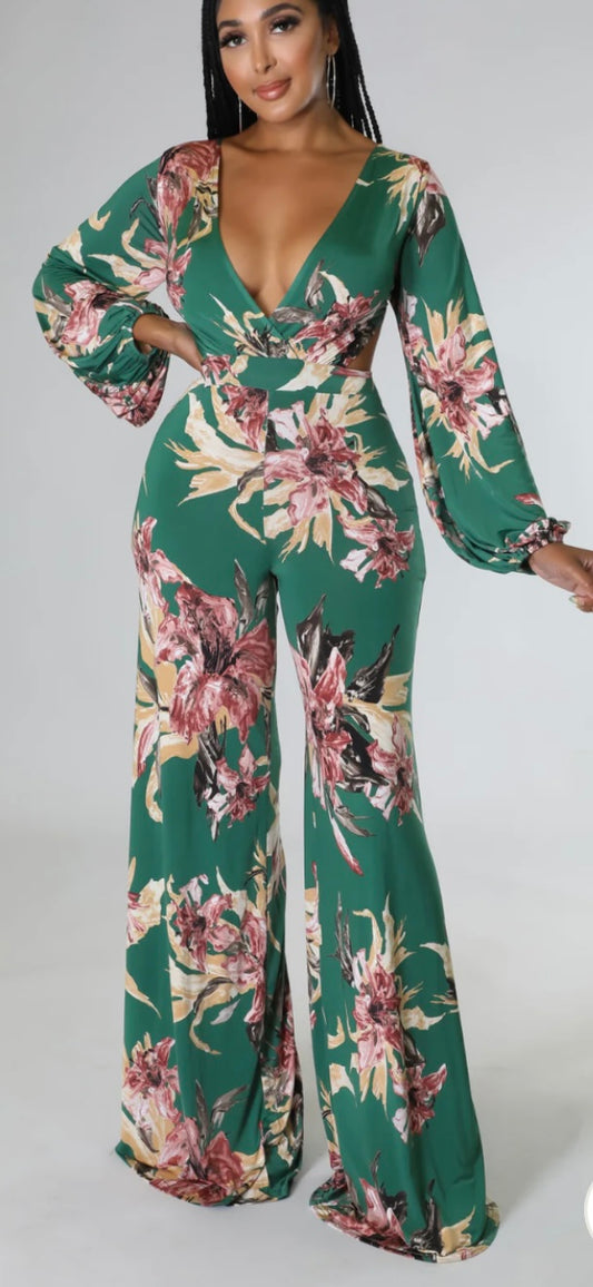 DEEP CROSS V NECK LS JUMPSUIT