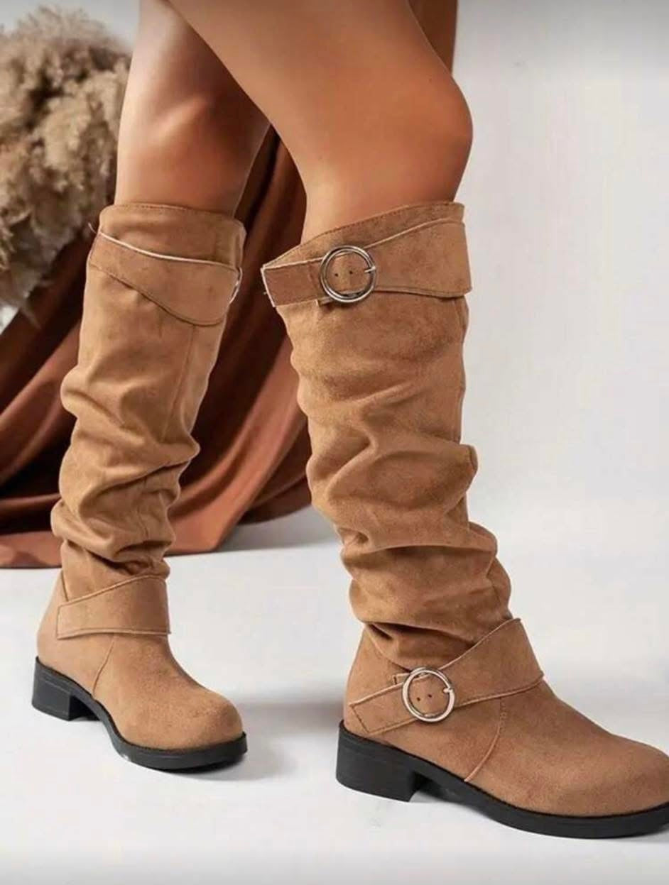 Women's Fashionable Buckled Black Velvet Exclusive Design Comfortable Women's Long Boots. Thick Non-Slip Sole. Versatile And Classic Style. Outdoor Sports High Boots.