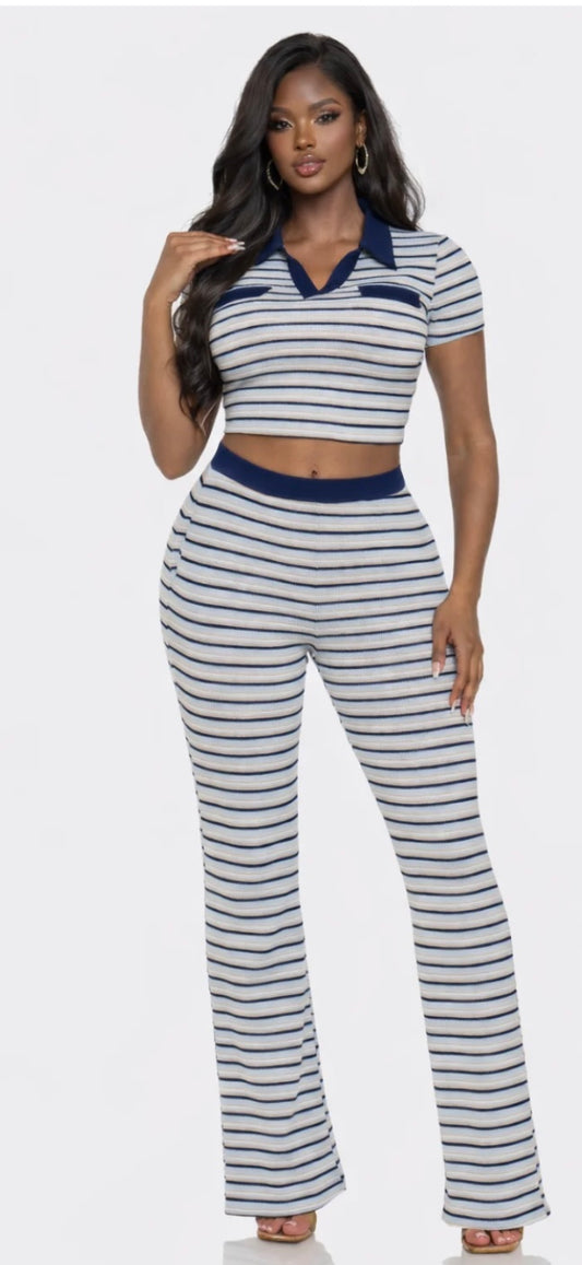 STRIPED COLLAR TOP & PANTS SET
