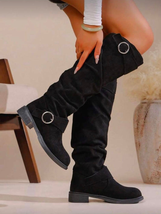Women's Fashionable Buckled Black Velvet Exclusive Design Comfortable Women's Long Boots. Thick Non-Slip Sole. Versatile And Classic Style. Outdoor Sports High Boots.