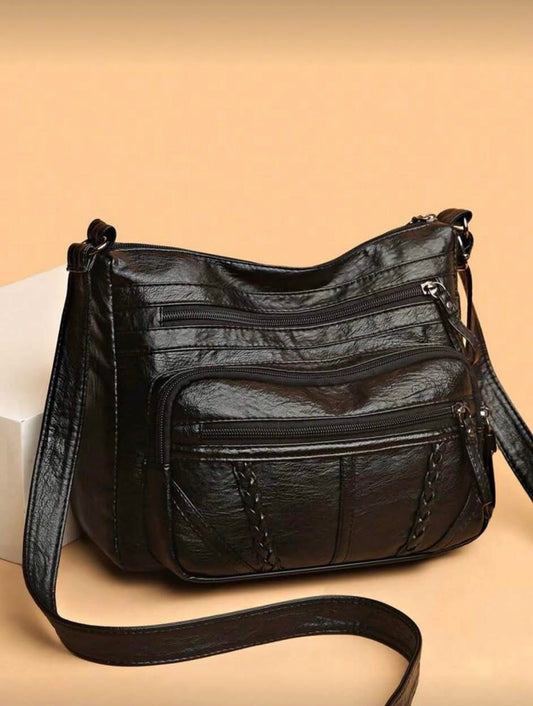 Women's Solid Color Large Capacity Tote Bag, Multi-Zipper Pockets Vintage Elegant Crossbody Bag, Small Leather Zipper Handle, Braided Decor, Waterproof PU Anti-Theft Outdoor Shopping Mommy Bag, Lightweight Portable Small Pouch For Phone And Coins, Suitabl