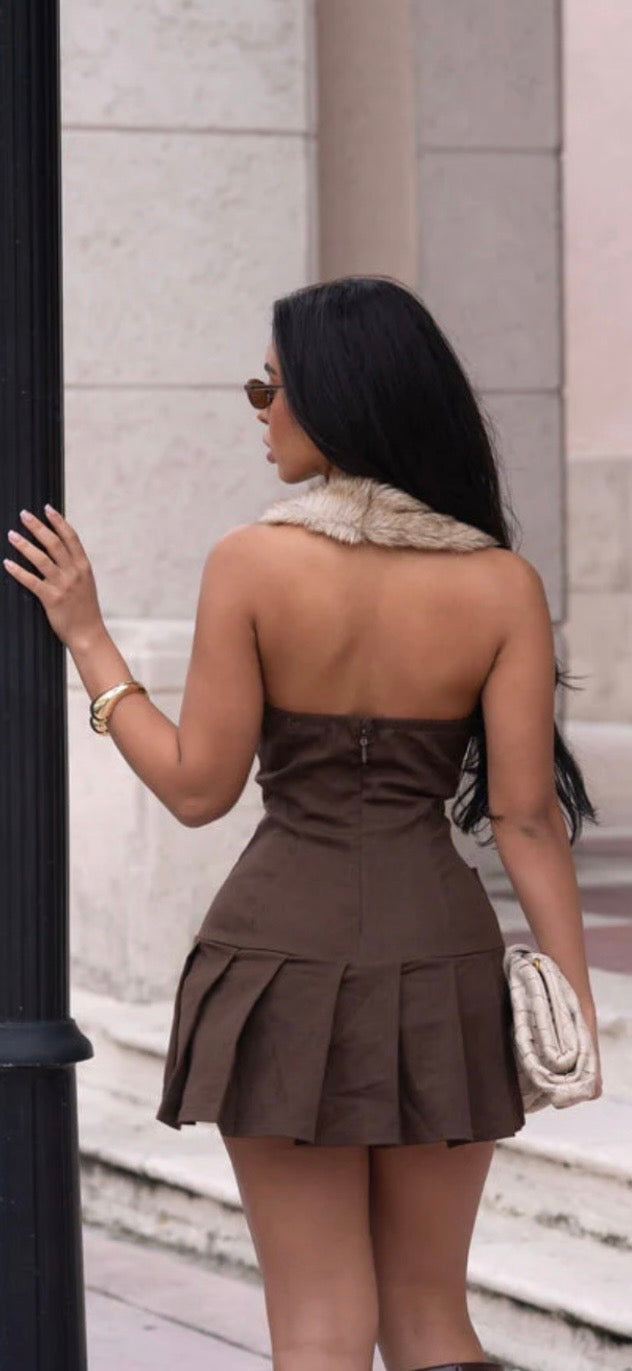 FAUX FUR HALTER SKORT DRESS
