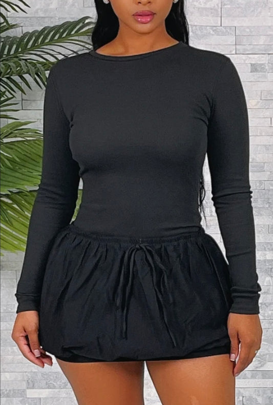 RIB LS OPEN BACK BUBBLE SKIRT DRESS