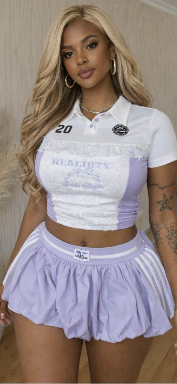 COLLAR LACE DETAIL TOP & BUBBLE SKORT SET