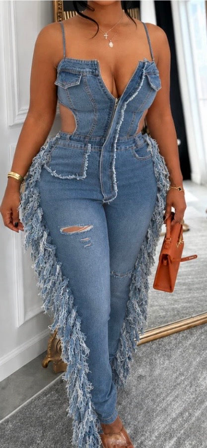 DENIM SIDE FRINGE OPEN BACK JUMPSUIT