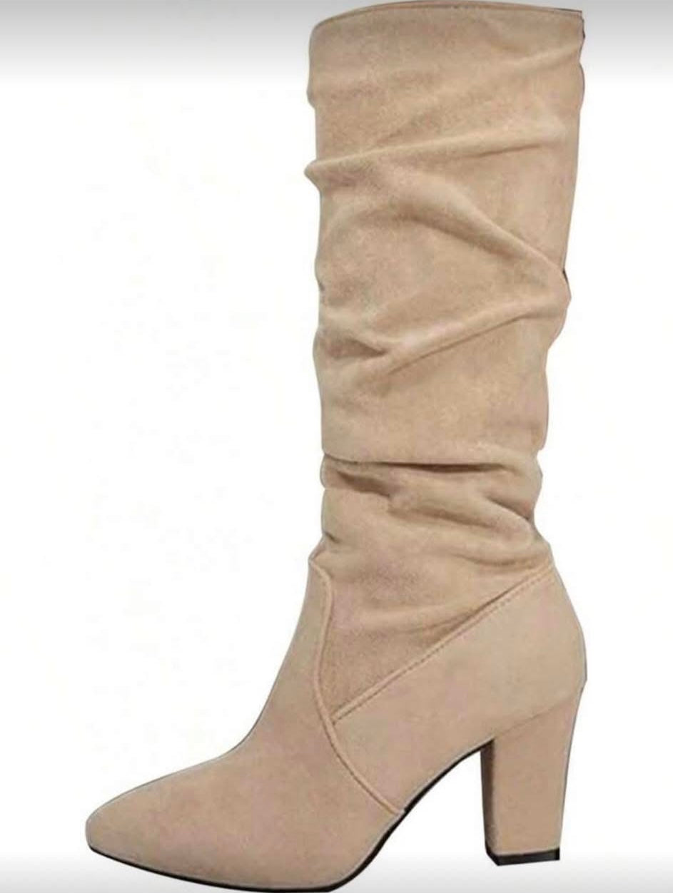 Women's Fashion Chunky Heel Mid-Calf Pointed Toe Pleated Boots