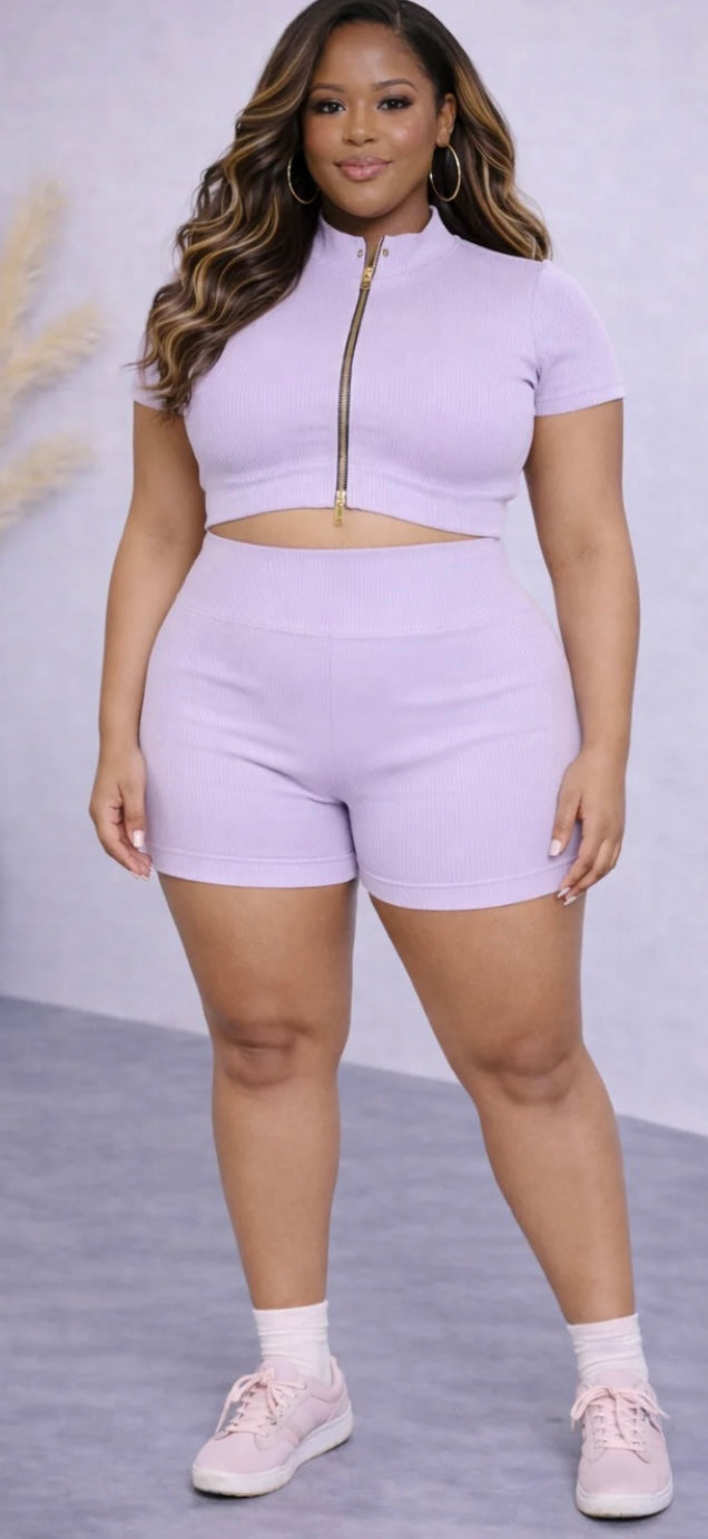 WASHED RIB ZIP CROP TOP & SHORTS SET