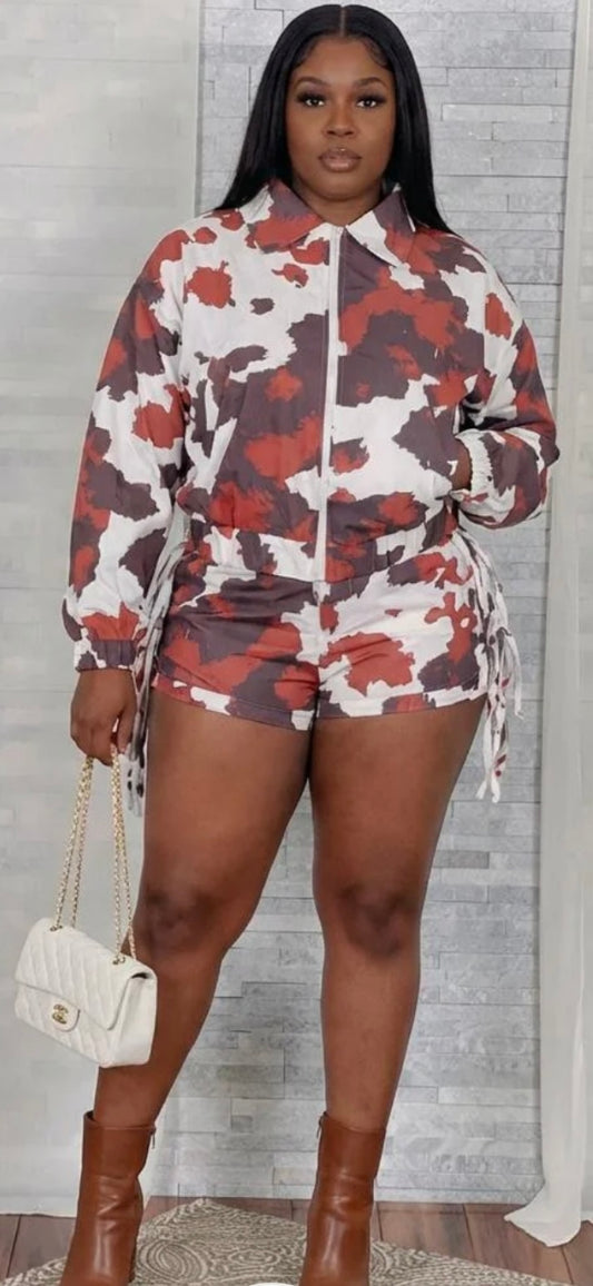 PRINT ZIP UP JACKET & FRINGE SIDE SHORTS SET