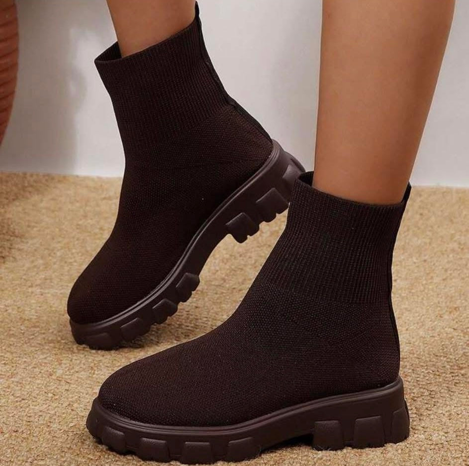 Boots For Women Knit Sock Ankle With Woven Detailing And Chunky Block Heel Winter Indoor Warm Boots