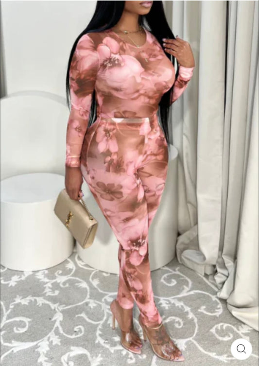 PRINTED MESH LS TOP & PANTS SET