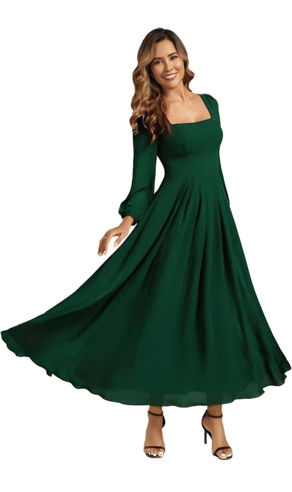 Square Neck Long Sleeve Chiffon Maxi Bridesmaid Dresses